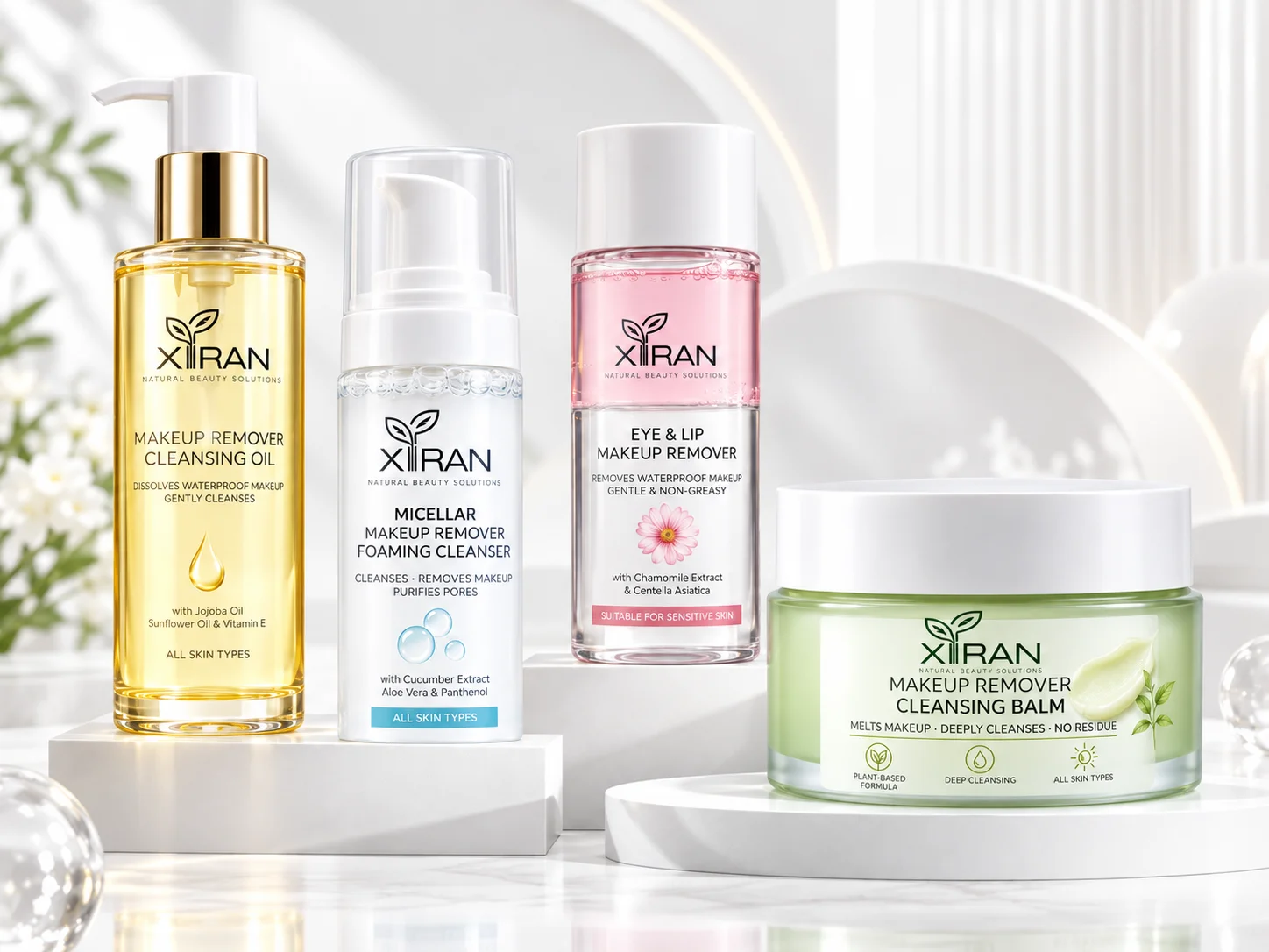 Four XIRAN makeup remover products displayed on a white surface with a minimalistic background, including cleansing oil, foaming cleanser, eye and lip remover, and a cleansing balm.
